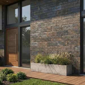 Revestimiento pared exterior de imitación piedra Itaca gris en fachada moderna con plantas.