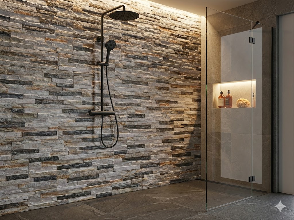 Baño interior con estilo moderno, revestimiento de piedra en la pared, suelo de piedra, mampara de vidrio y accesorios de baño.