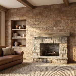 Salón rústico con revestimiento de pared interior Itaca marrón y chimenea de piedra.