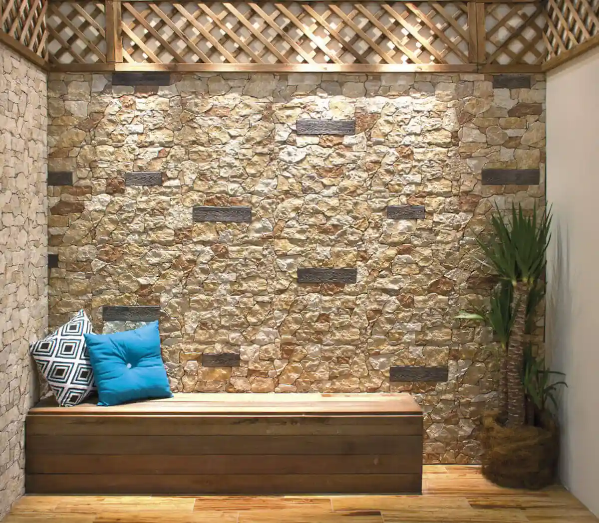 Revestimiento de pared cerámico efecto piedra en el interior de una habitación rústica