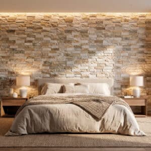 dormitorio tipo rústico con pared de piedra beige y cama con ropa de cama clara, alfombra de fibras naturales y luces de pie.