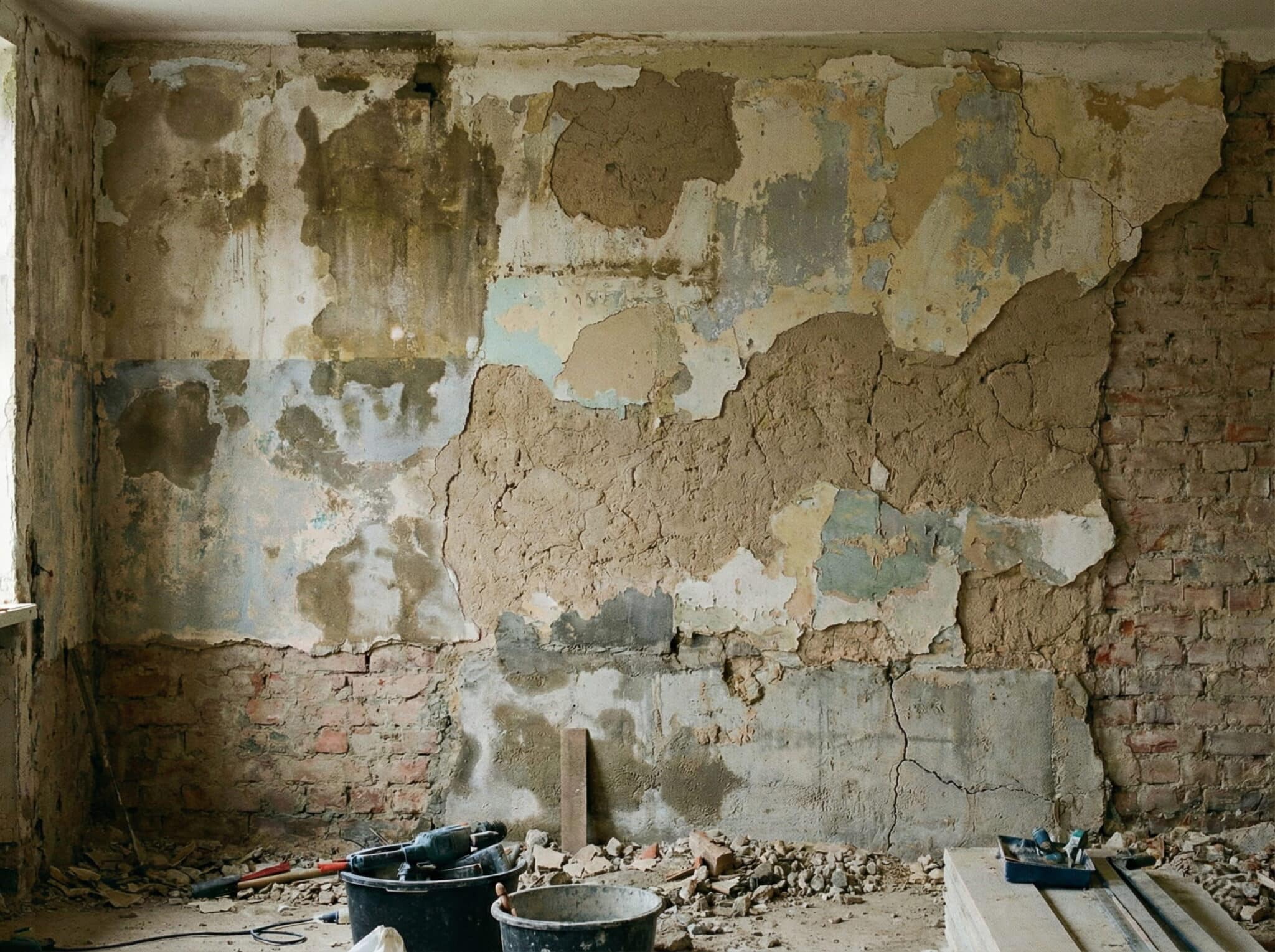 Pared sin revestir con aspecto deteriorado, manchas y soporte visto antes de elegir el acabado